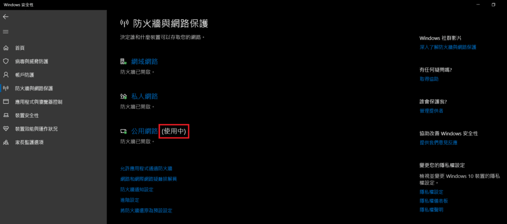 圖／允許應用程式通過電腦防火牆設定：確認「使用中」的網路類型